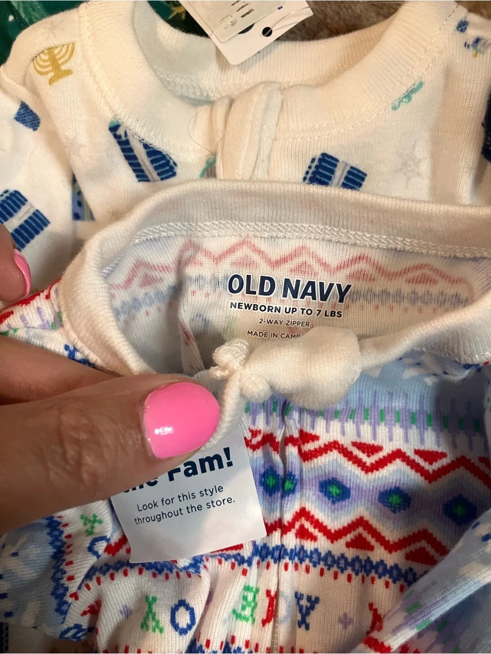 NWT NEWBORN Old Navy Baby Holiday Footed One-Piece - White/Blue Prints